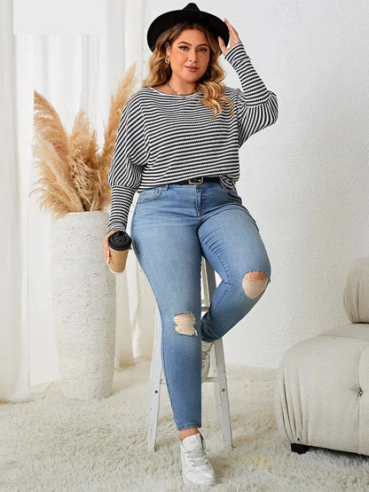 Plus Size Casual Tops - Plus Size Leg-of-Mutton Sleeve on Striped Casual Tops