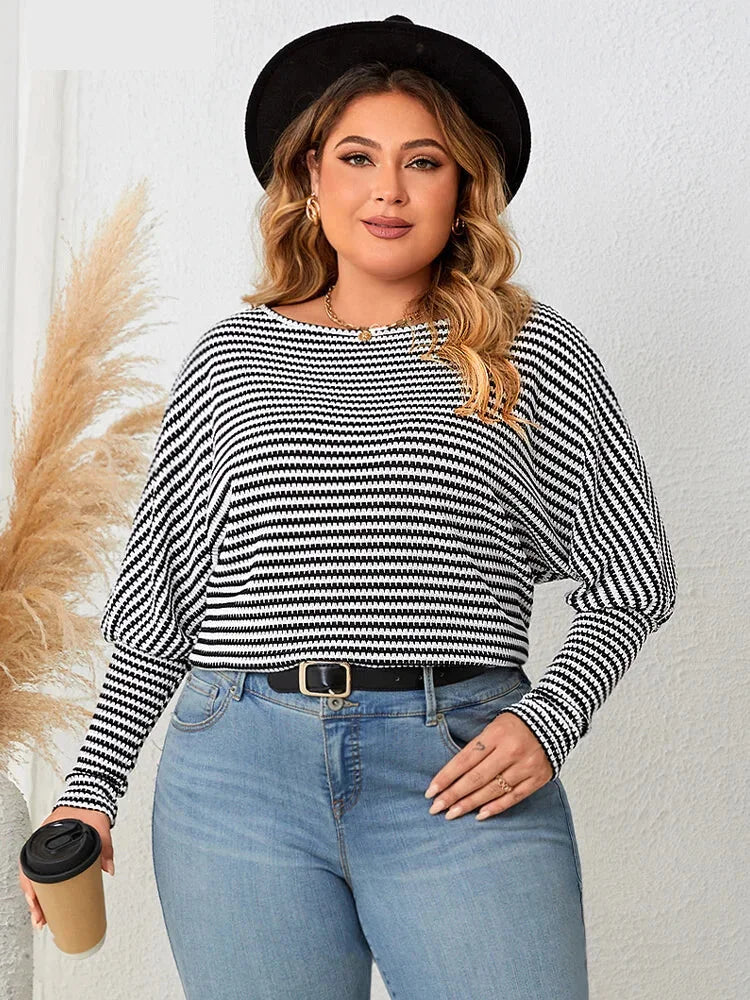 Plus Size Casual Tops - Plus Size Leg-of-Mutton Sleeve on Striped Casual Tops