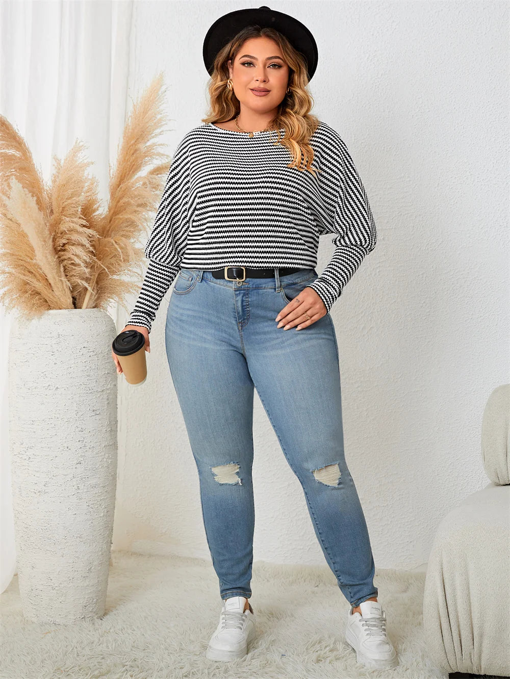 Plus Size Casual Tops - Plus Size Leg-of-Mutton Sleeve on Striped Casual Tops