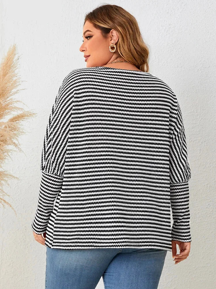 Plus Size Casual Tops - Plus Size Leg-of-Mutton Sleeve on Striped Casual Tops