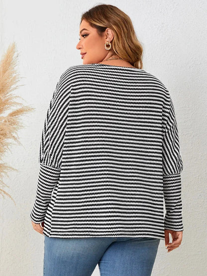 Plus Size Casual Tops - Plus Size Leg-of-Mutton Sleeve on Striped Casual Tops