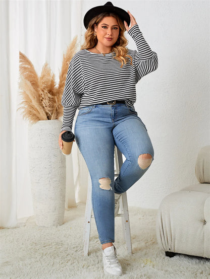 Plus Size Casual Tops - Plus Size Leg-of-Mutton Sleeve on Striped Casual Tops