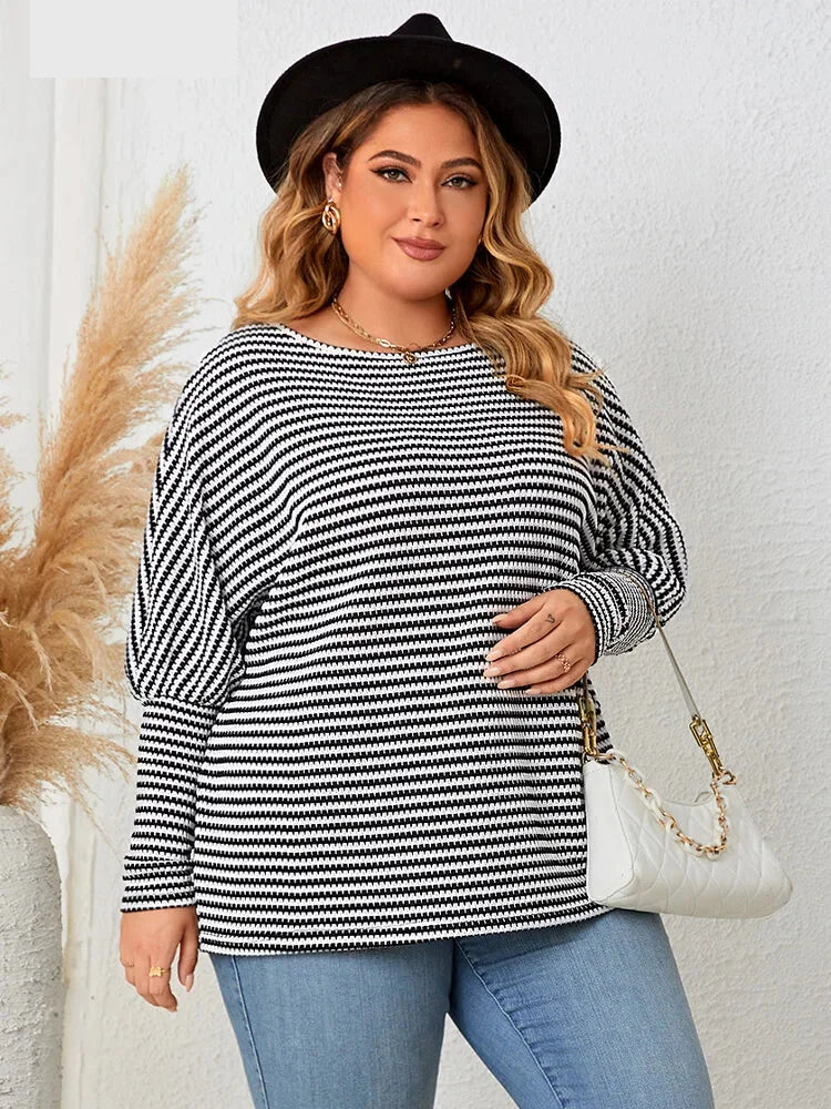 Plus Size Casual Tops - Plus Size Leg-of-Mutton Sleeve on Striped Casual Tops