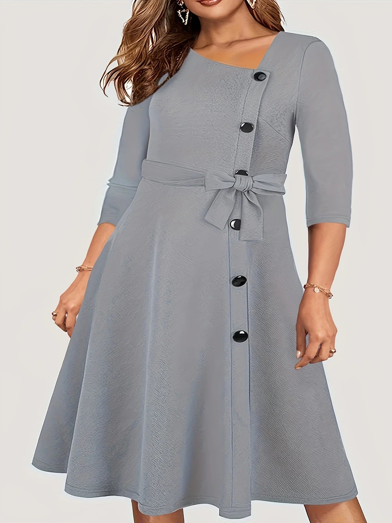 Plus Size Dresses - Plus Size Grey Jacquard Button-Up Dress with Tie Belt