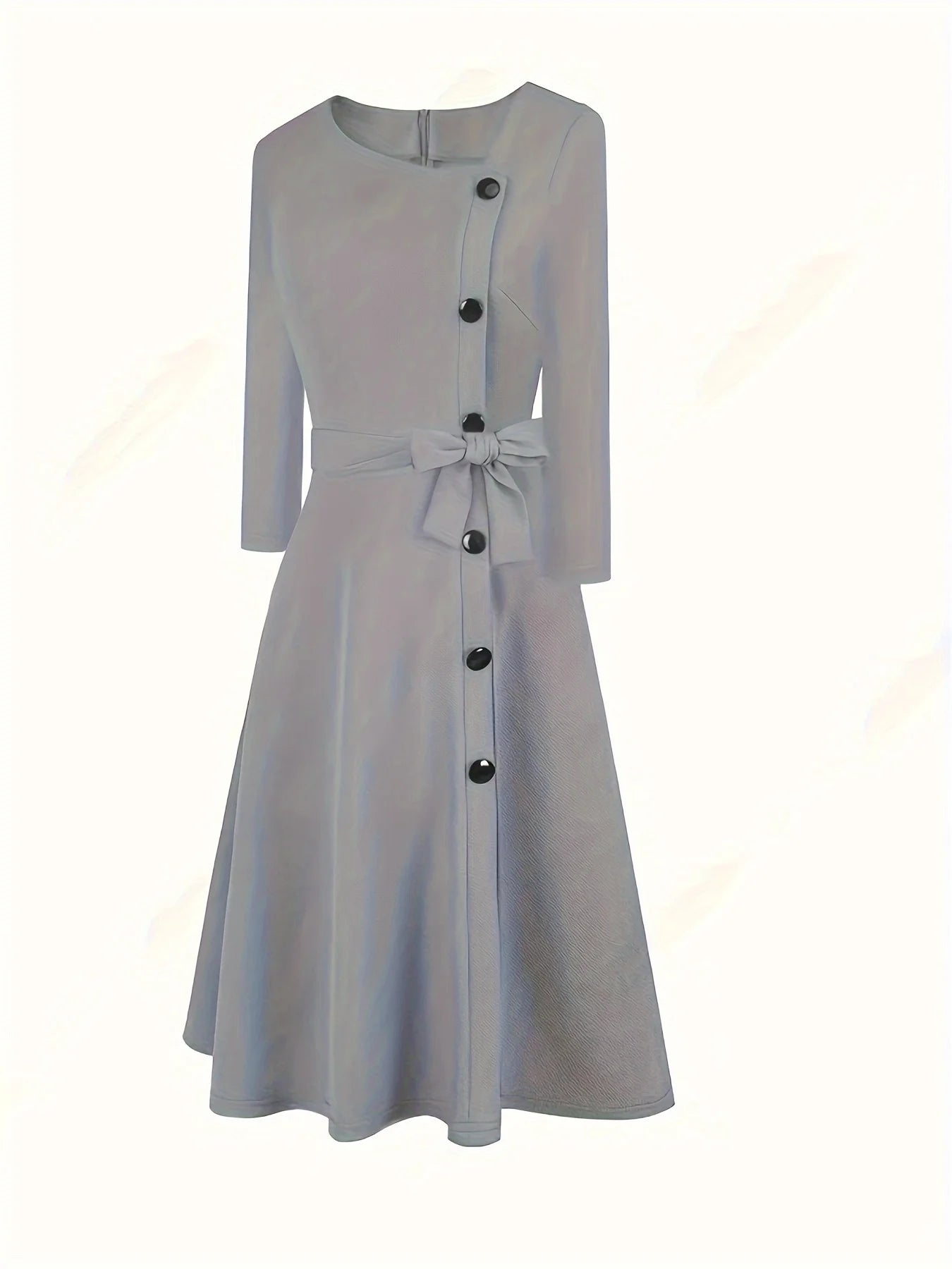 Plus Size Dresses - Plus Size Grey Jacquard Button-Up Dress with Tie Belt