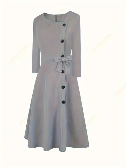 Plus Size Dresses - Plus Size Grey Jacquard Button-Up Dress with Tie Belt