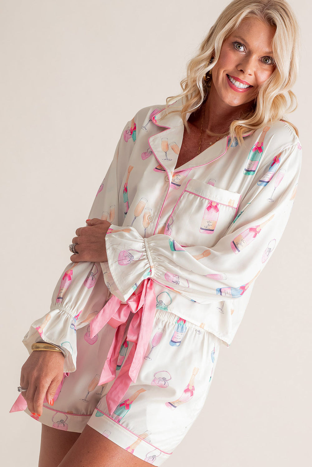 Plus Size Loungewear - Playful Bow Wine-Themed Plus Size Pajama Set for Lounging