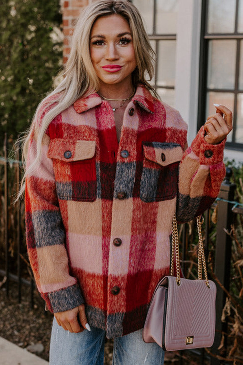 Plus Size Outerwear - Oversized Plaid Flap Pocket Jacket - Plus Sizes Layering