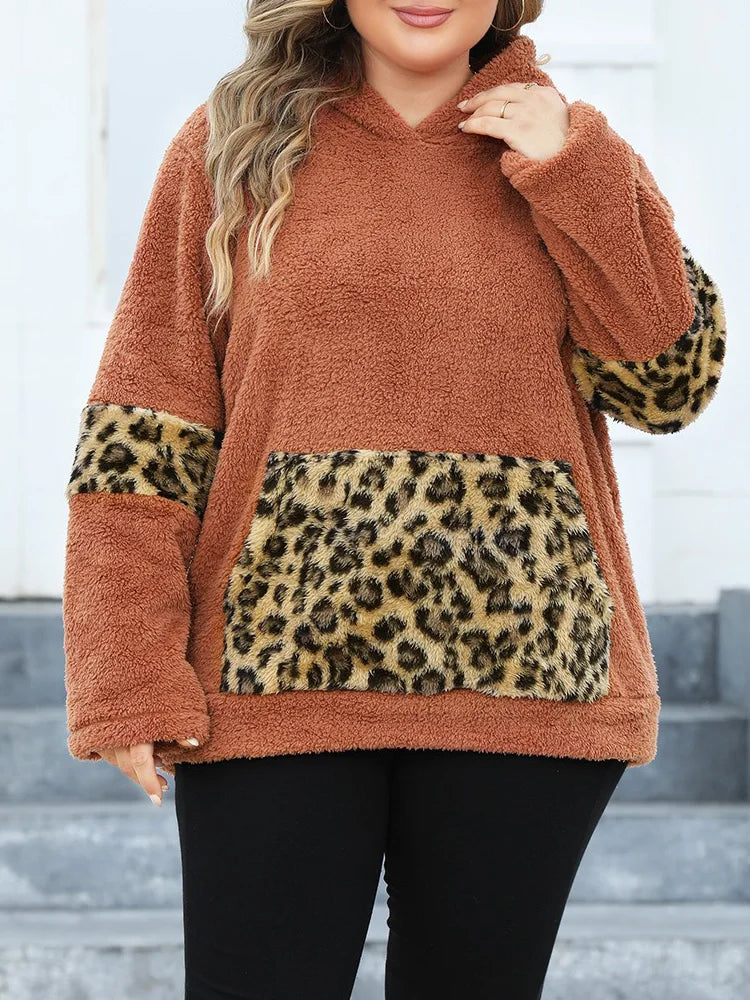 Plus Size Pullover Hoodies - Plus-Size Furry Hoodie with Animal Print Highlights