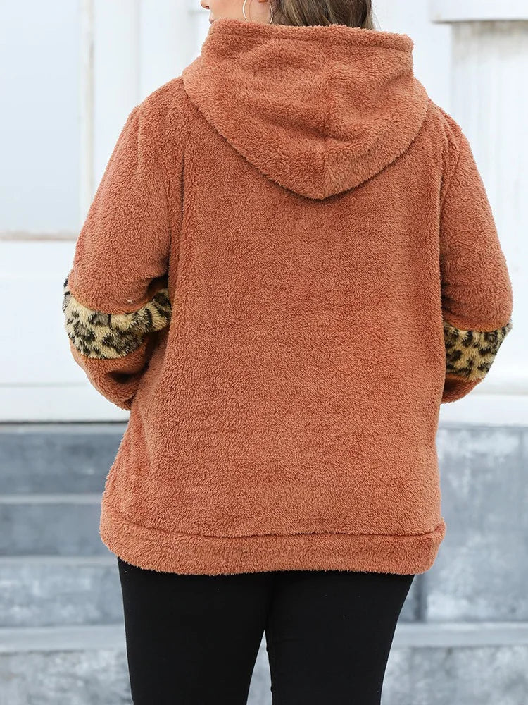 Plus Size Pullover Hoodies - Plus-Size Furry Hoodie with Animal Print Highlights