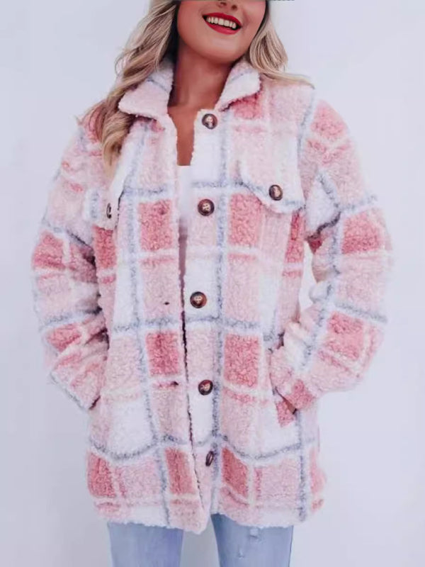 Plush Jackets - Plaid Mid-Length Jacket for Chilly Evenings