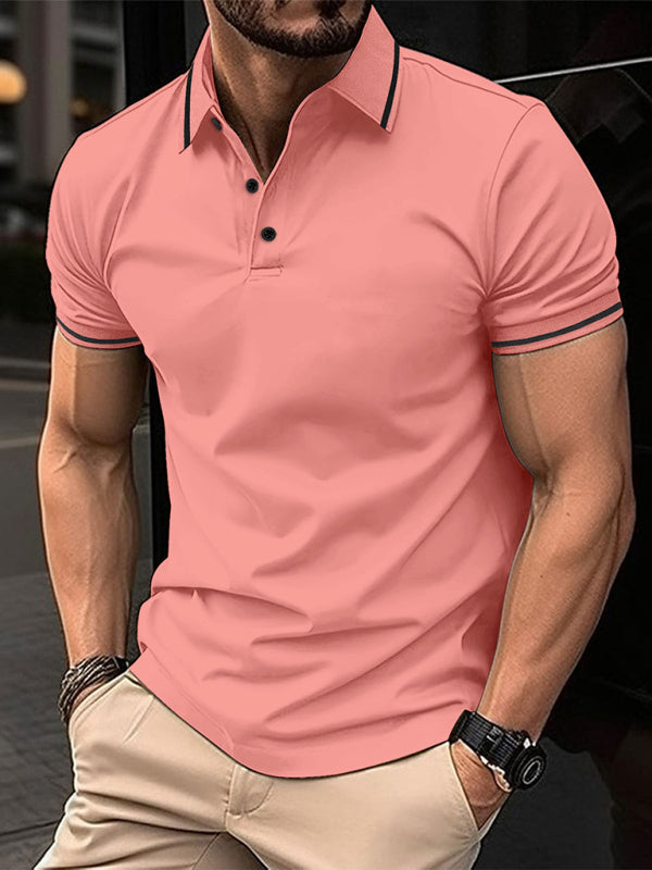 Polos- Men's Contrast Solid Polo Shirt with Short Sleeves- Watermelon Red- Pekosa Women Fashion