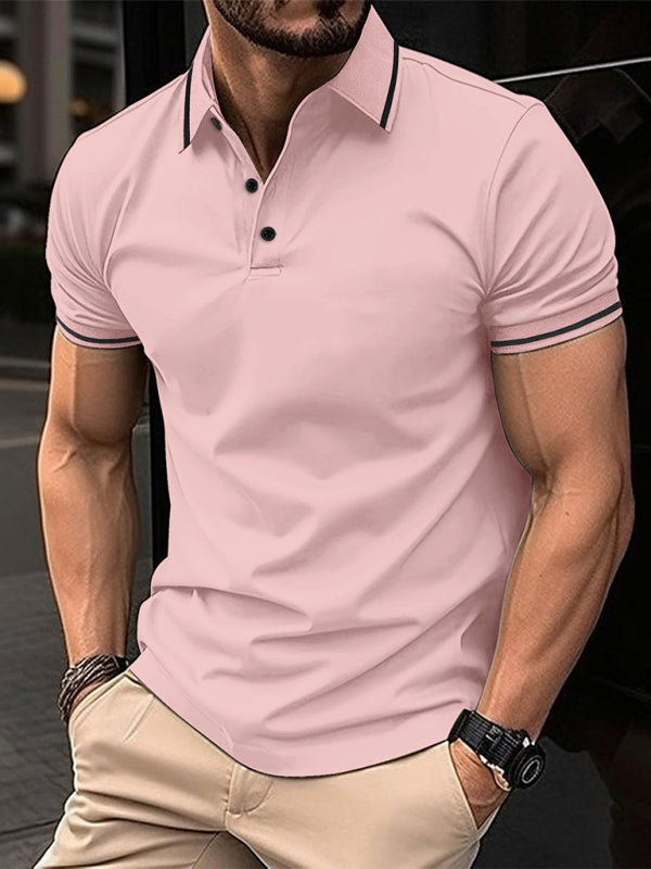 Polos- Men's Contrast Solid Polo Shirt with Short Sleeves- Pink- Pekosa Women Fashion