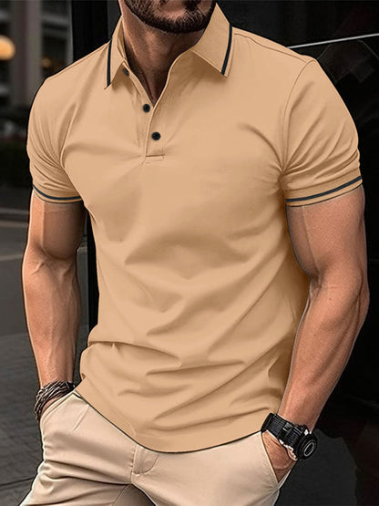 Polos- Men's Contrast Solid Polo Shirt with Short Sleeves- Yellow- Pekosa Women Fashion