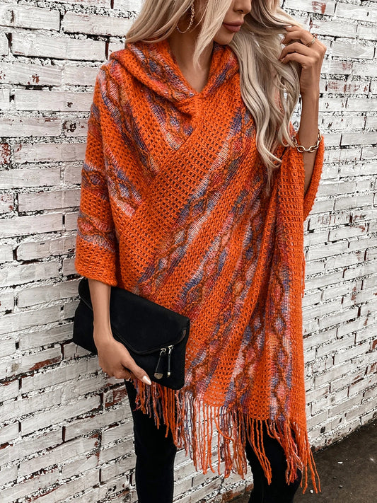 Ponchos- Cozy Hoodie Sweater Poncho with Fringe- Orange- Pekosa Women Fashion