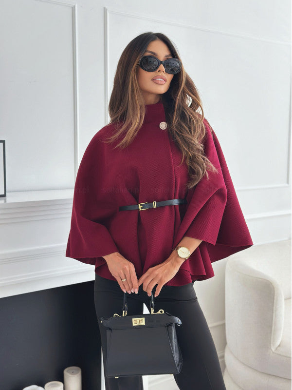 Ponchos - Elegant High-Neck Wool Poncho for Winter Belted Cape