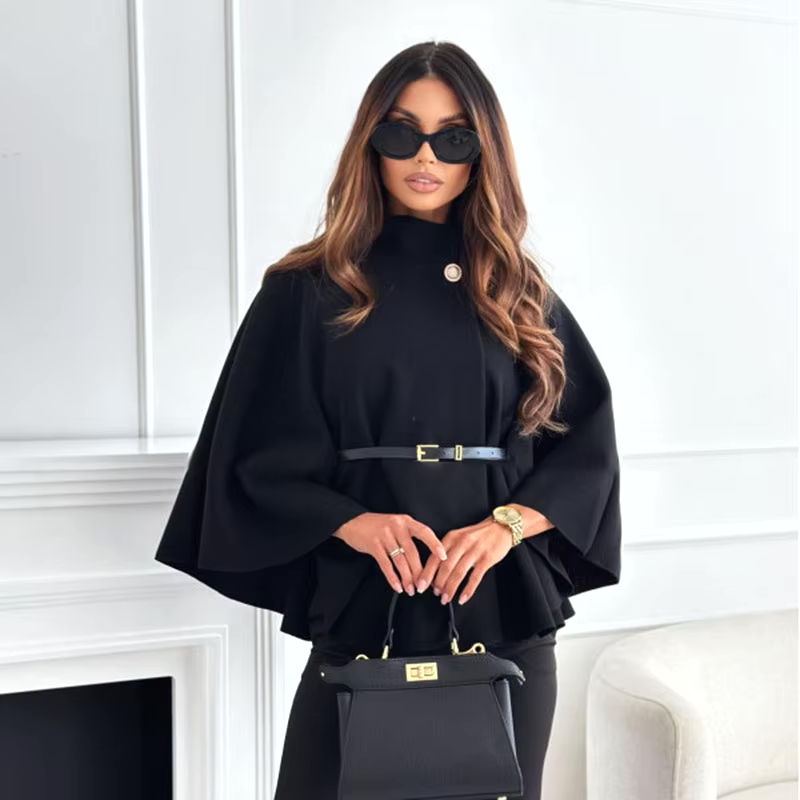 Ponchos - Elegant High-Neck Wool Poncho for Winter Belted Cape