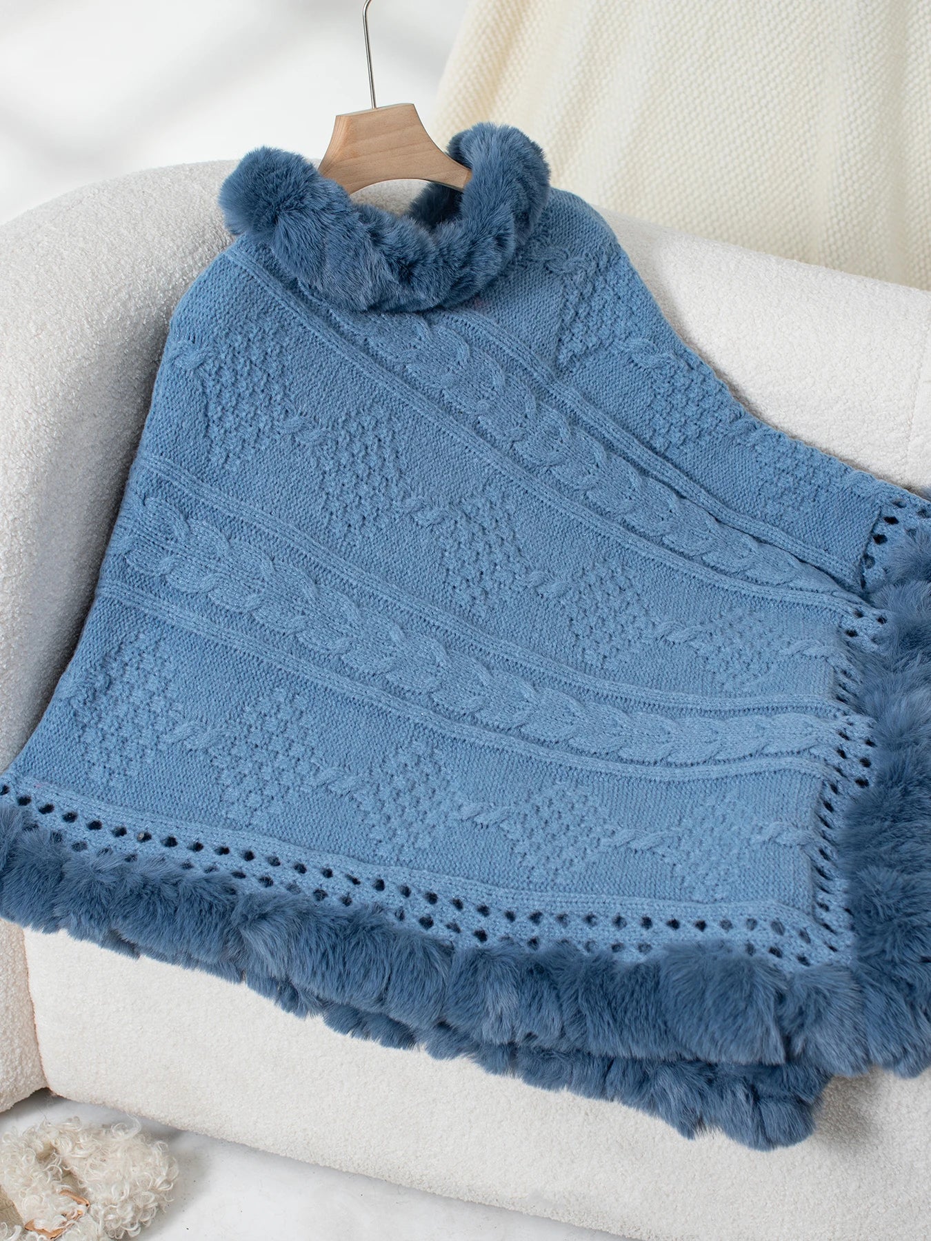 Ponchos- Fur-Trimmed Poncho for Elegant Winter Layering- Blue- Pekosa Women Fashion