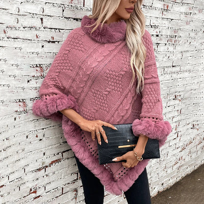 Ponchos- Fur-Trimmed Poncho for Elegant Winter Layering- Pink- Pekosa Women Fashion