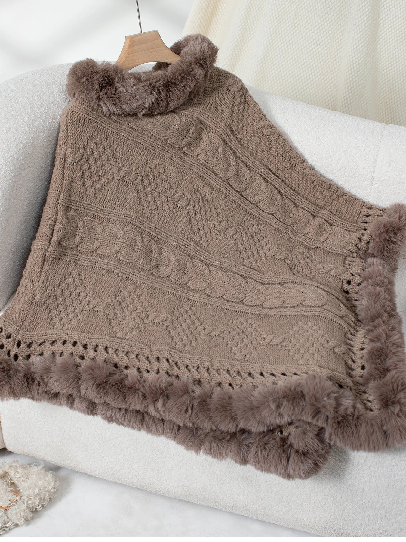 Ponchos- Fur-Trimmed Poncho for Elegant Winter Layering- Khaki- Pekosa Women Fashion