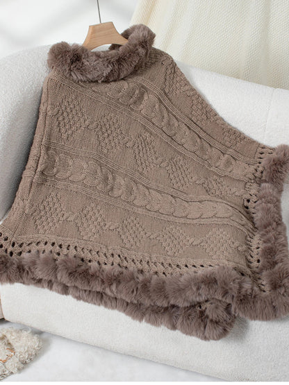 Ponchos- Fur-Trimmed Poncho for Elegant Winter Layering- Khaki- Pekosa Women Fashion