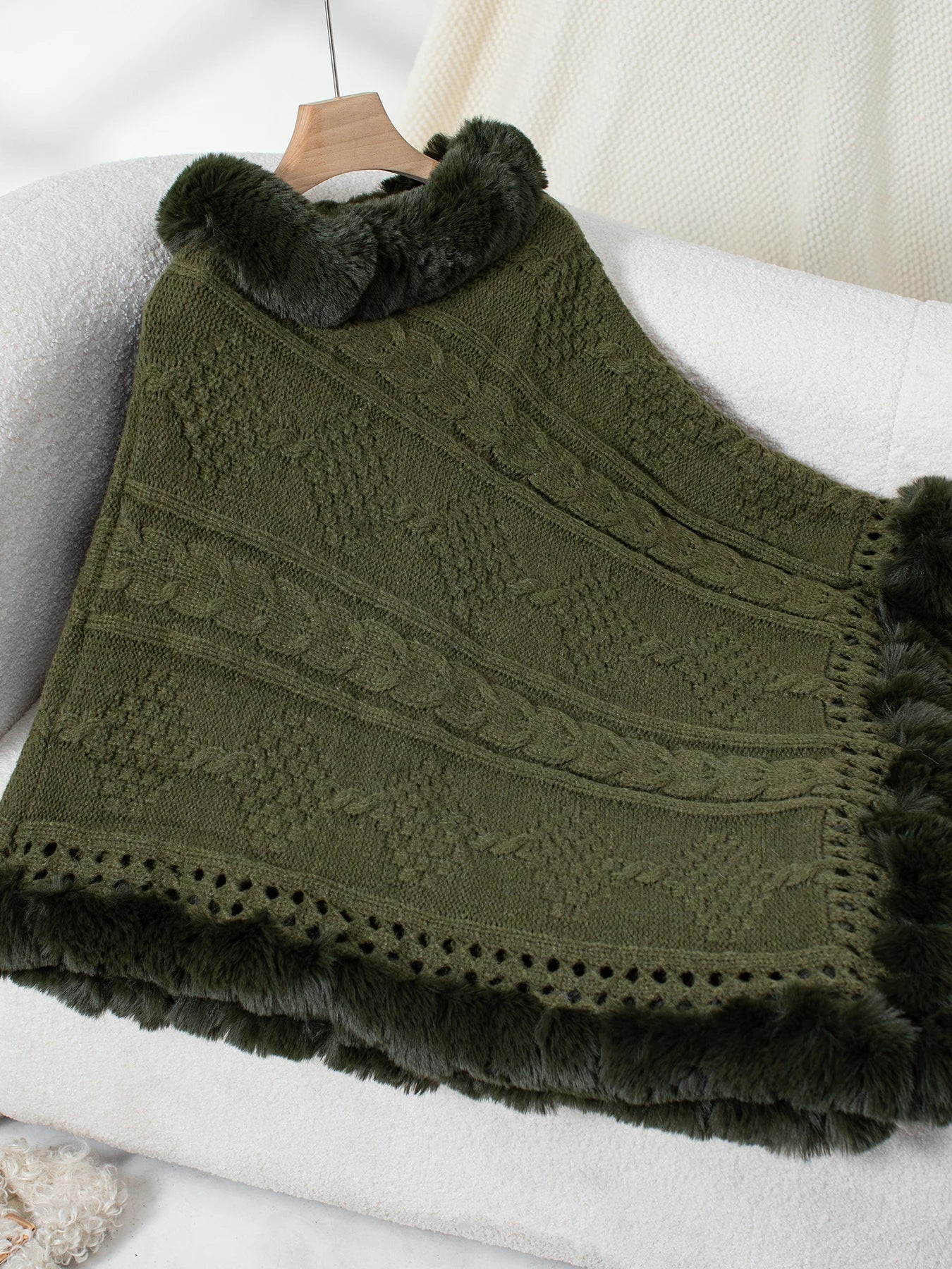 Ponchos- Fur-Trimmed Poncho for Elegant Winter Layering- Army green- Pekosa Women Fashion