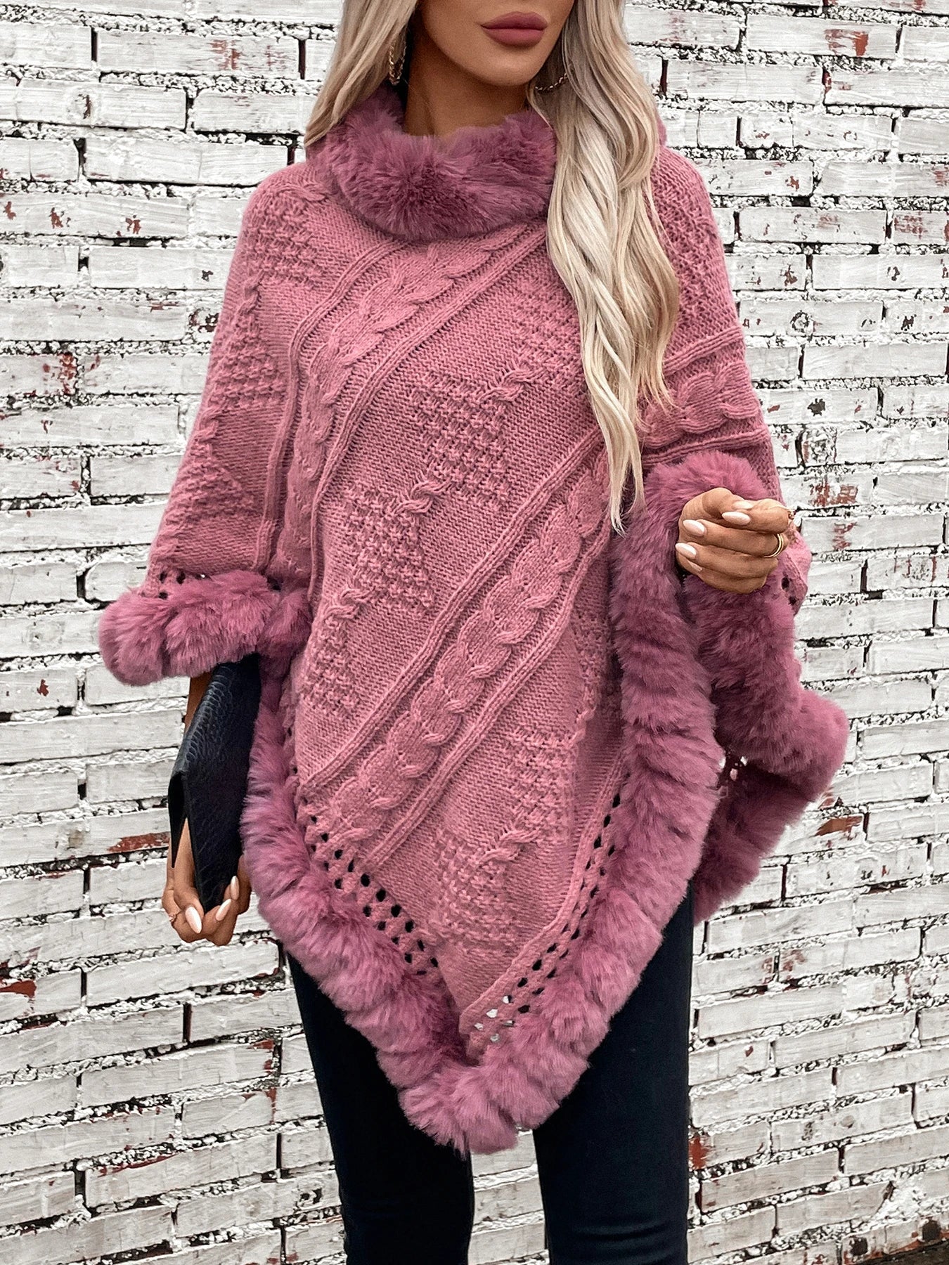 Ponchos- Fur-Trimmed Poncho for Elegant Winter Layering- - Pekosa Women Fashion