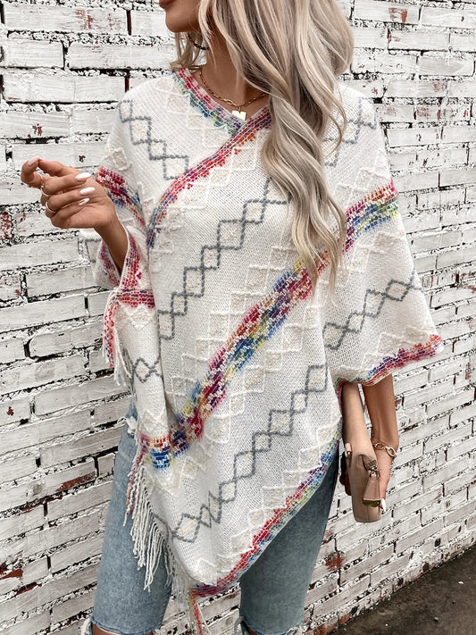 Ponchos- Loose Fit Sweater Poncho Cape for Chilly Days- White- Pekosa Women Fashion