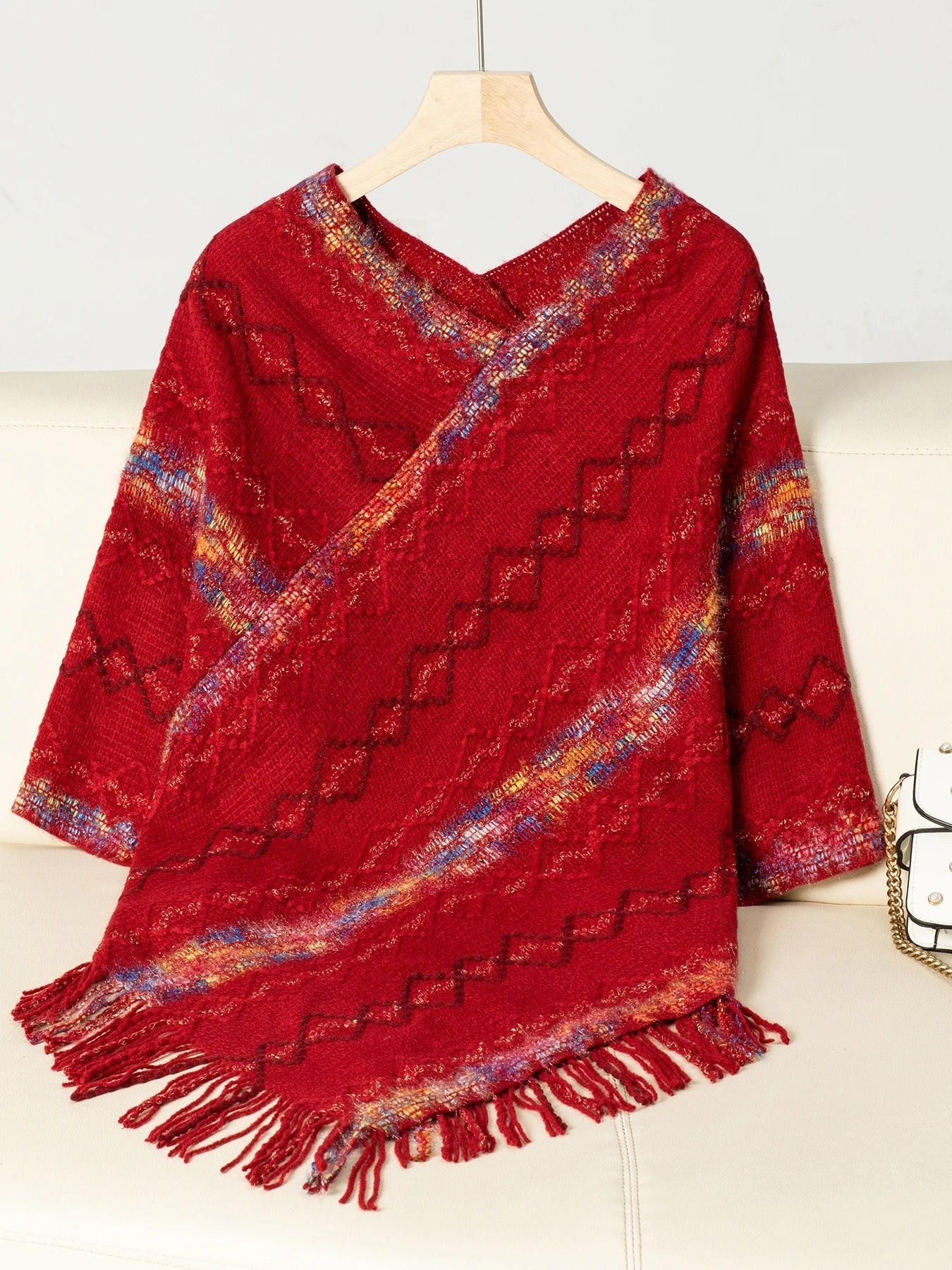 Ponchos- Loose Fit Sweater Poncho Cape for Chilly Days- Red- Pekosa Women Fashion