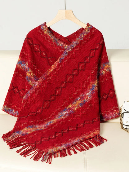 Ponchos- Loose Fit Sweater Poncho Cape for Chilly Days- Red- Pekosa Women Fashion