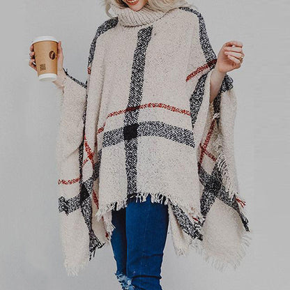 Ponchos- Mid-Length Fluffy Plaid Turtleneck Cozy Fringe Poncho- - Pekosa Women Clothing