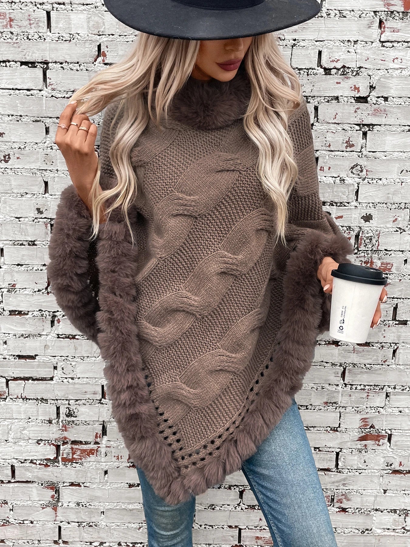 Ponchos- Women Elegant Fur-Trimmed Poncho- Brown- Pekosa Women Fashion