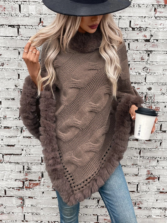 Ponchos- Women Elegant Fur-Trimmed Poncho- Brown- Pekosa Women Fashion