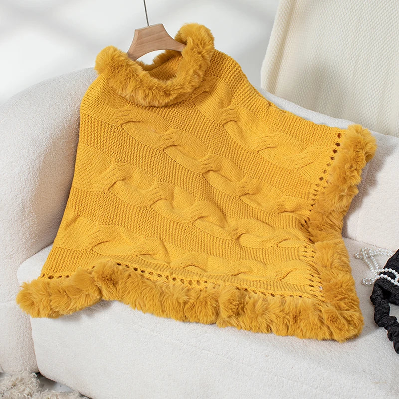 Ponchos- Women Elegant Fur-Trimmed Poncho- Yellow- Pekosa Women Fashion