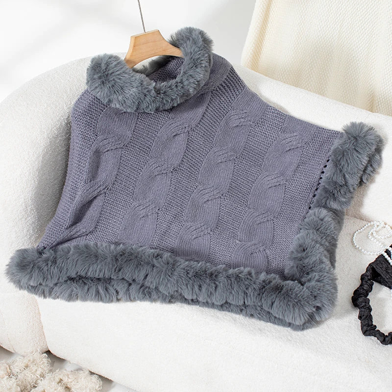 Ponchos- Women Elegant Fur-Trimmed Poncho- Gray- Pekosa Women Fashion