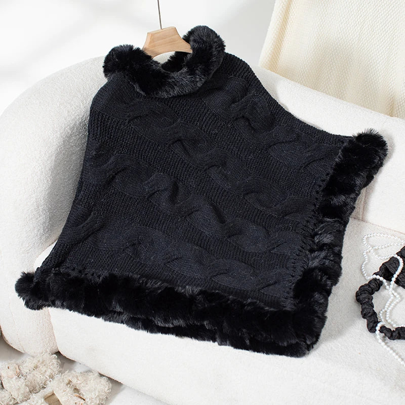 Ponchos- Women Elegant Fur-Trimmed Poncho- Black- Pekosa Women Fashion