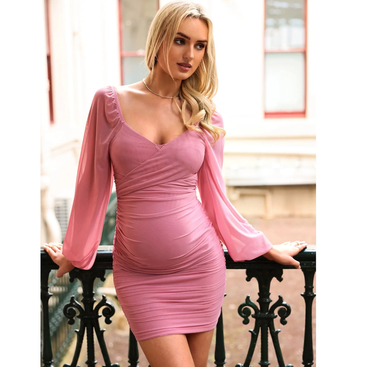 Pregnancy Dresses - Chic Maternity Ruched Dress with Mesh Sleeves