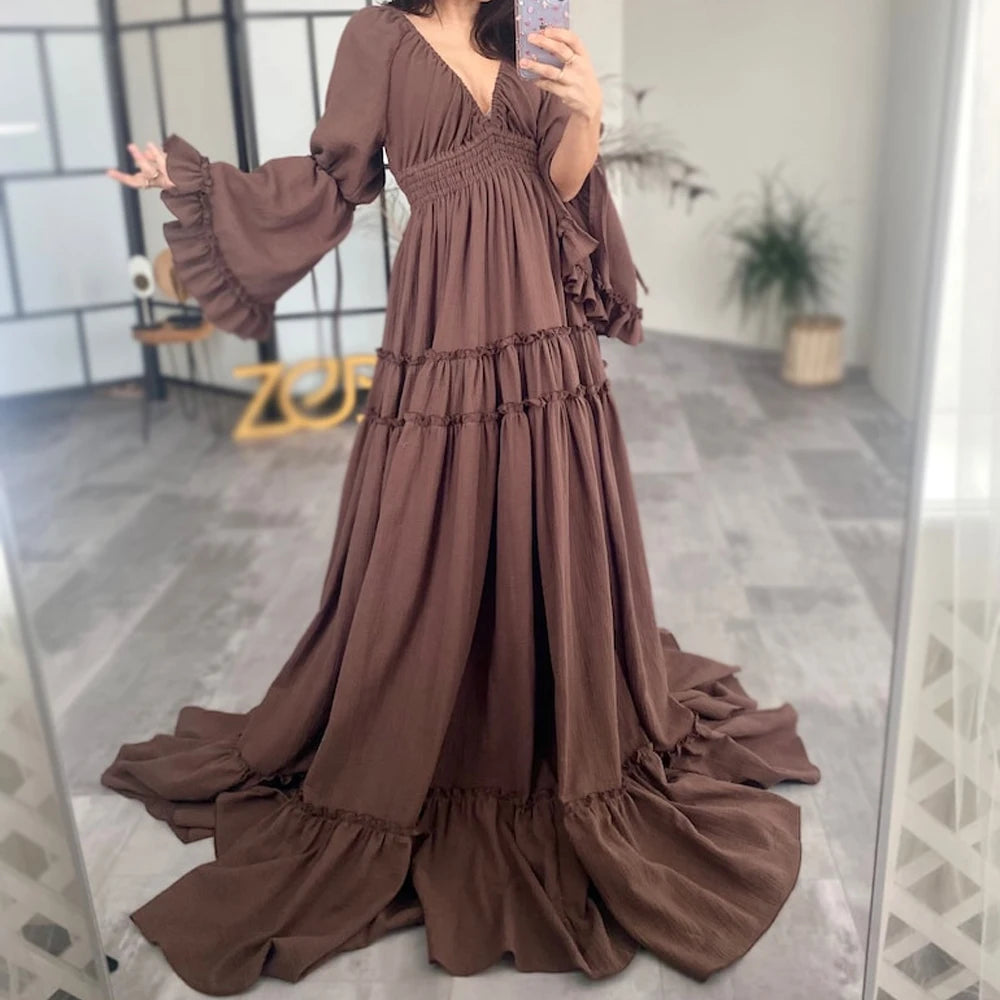 Pregnancy Dresses - Graceful Floor-Length Maternity Portrait Gown Cotton Linen Dress