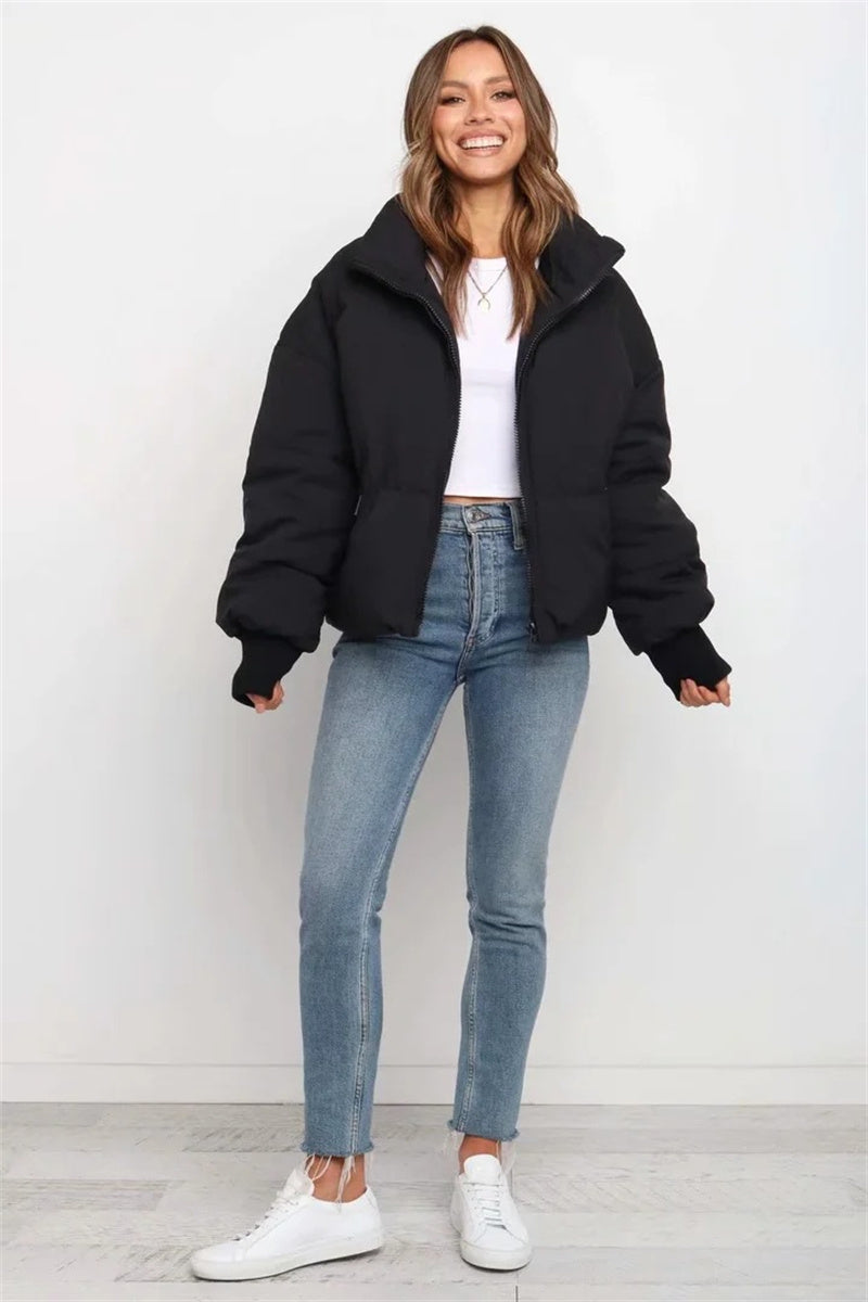 Puffer Jacket- Solid Zip-Up Puffer Jacket- - Pekosa Women Clothing