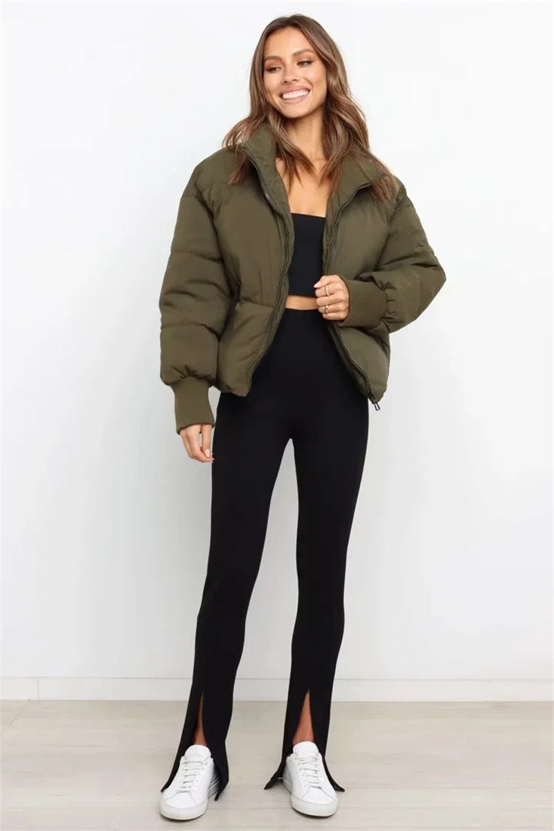 Puffer Jacket- Solid Zip-Up Puffer Jacket- - Pekosa Women Clothing