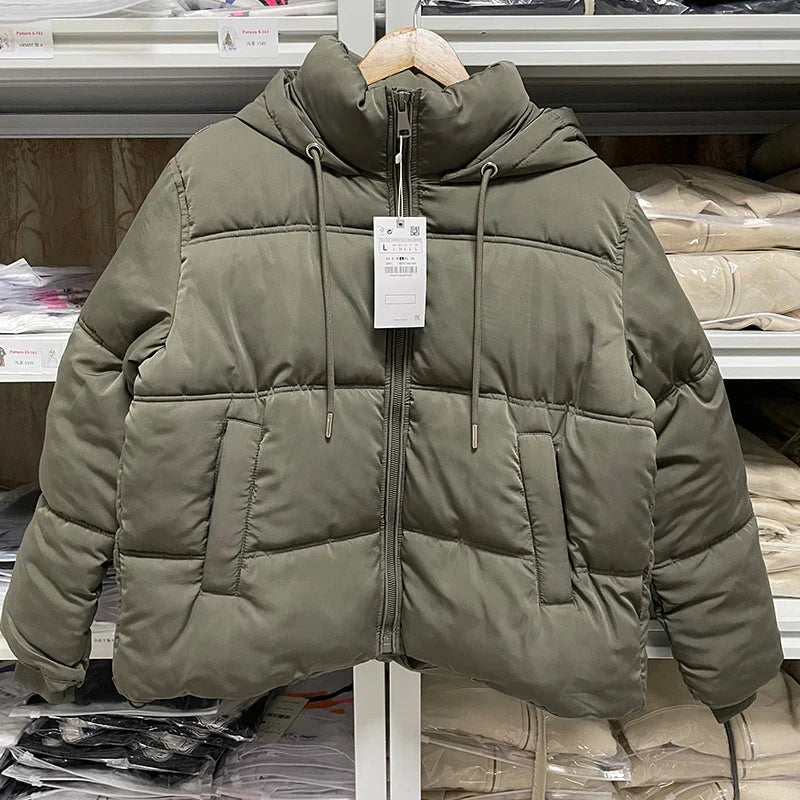 Puffer Jackets- Elegant Hooded Puffer Jacket for Her- Army green- Pekosa Women Fashion