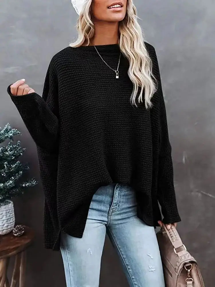 Pullover Blouses - Asymmetric Hems Textured Knit Casual Top