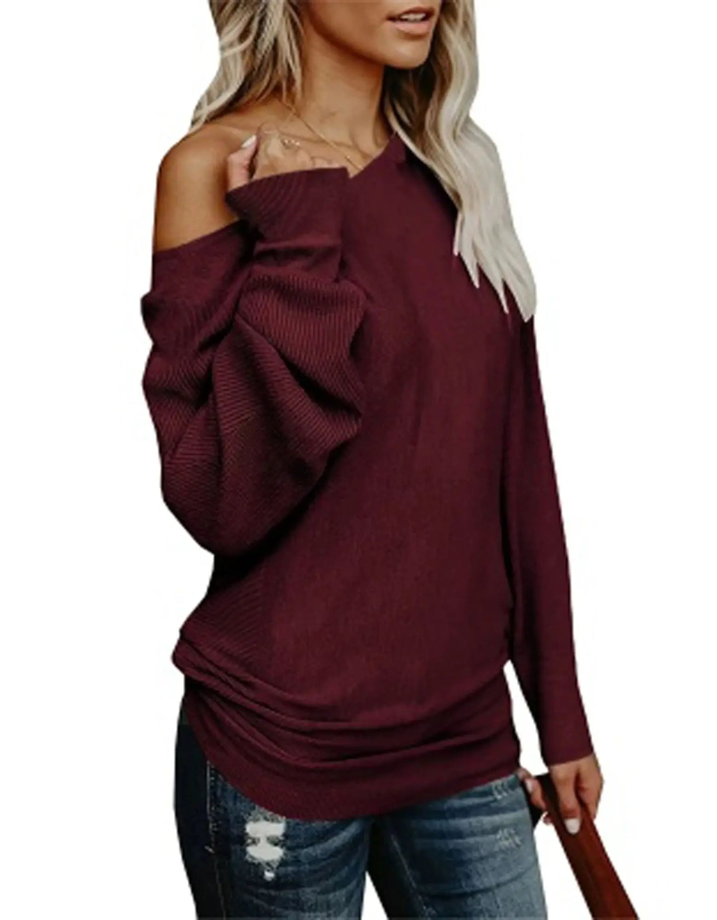 Pullover Blouses - Chic Draped One-Shoulder Ribbed Knit Blouse