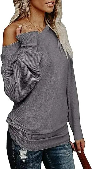 Pullover Blouses - Chic Draped One-Shoulder Ribbed Knit Blouse