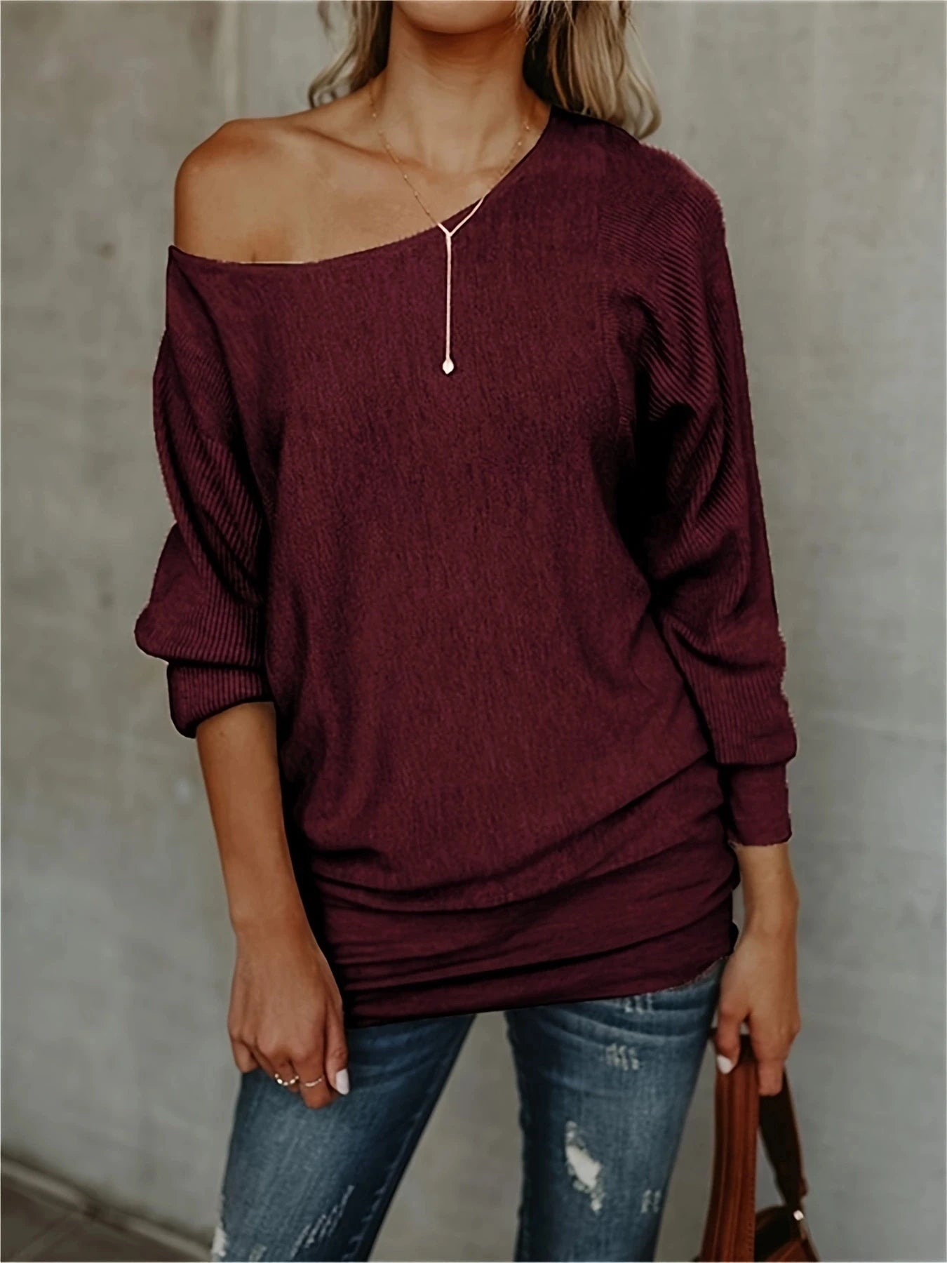 Pullover Blouses - Chic Draped One-Shoulder Ribbed Knit Blouse