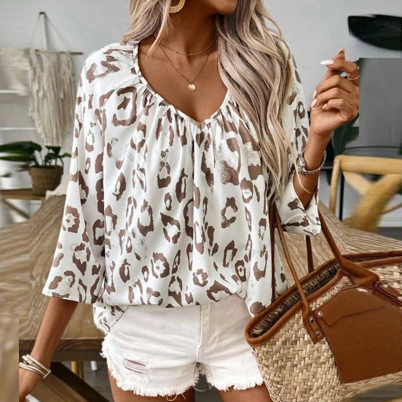 Pullover Blouses - Flowy Leopard Print Bohemian Top