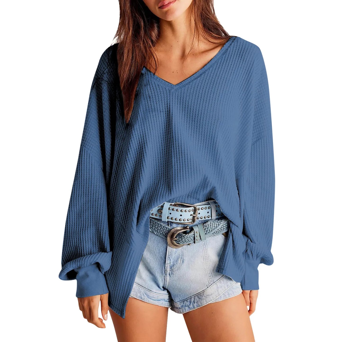 Pullover Blouses - Slouchy Waffle Textured Knit for Relaxed Days