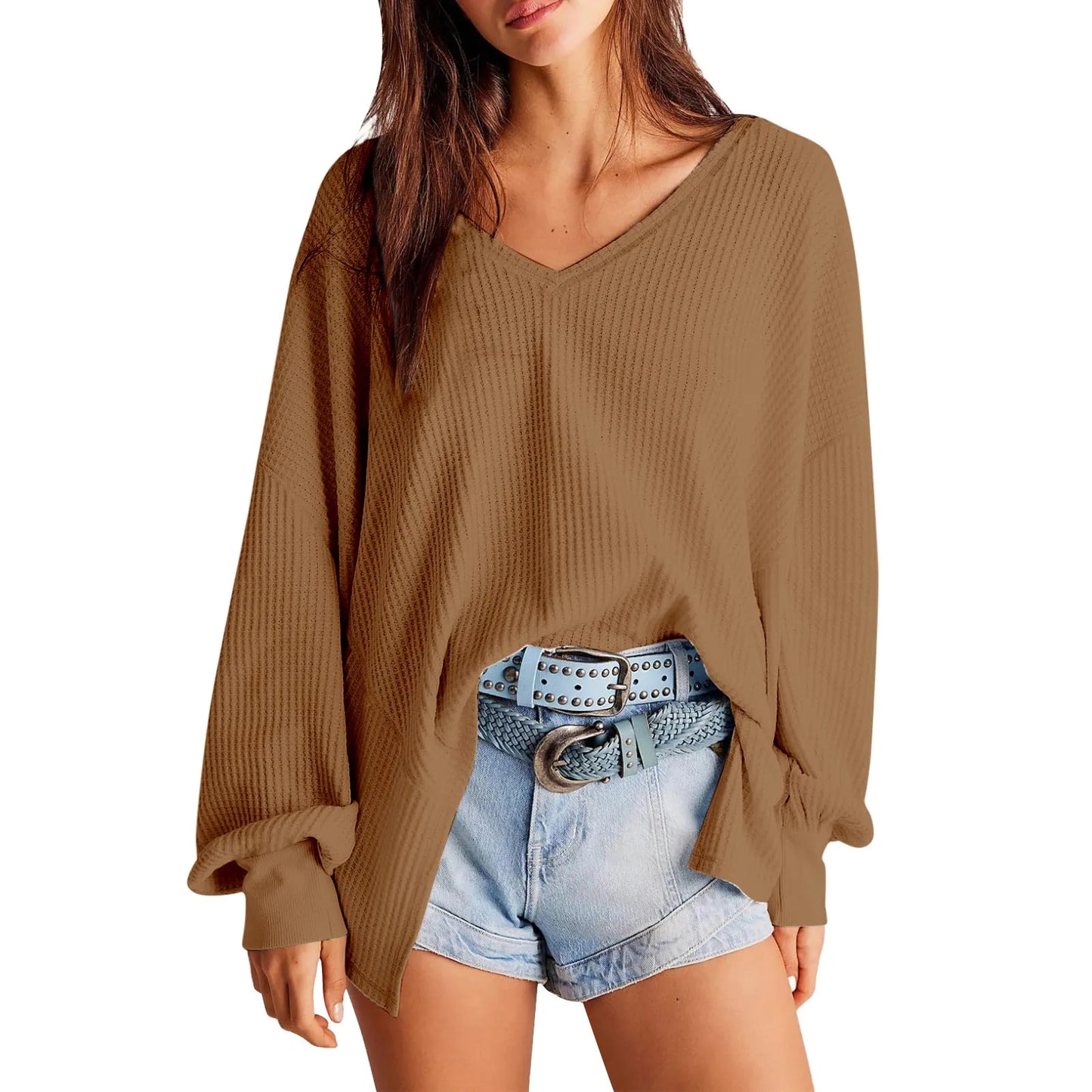 Pullover Blouses - Slouchy Waffle Textured Knit for Relaxed Days