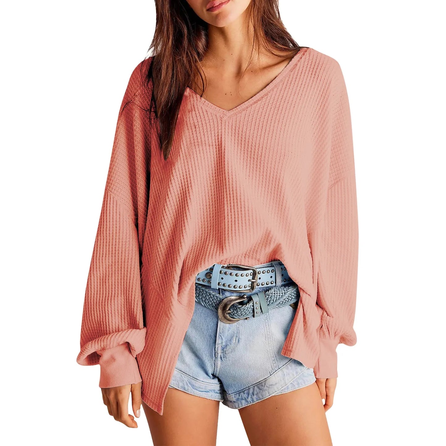 Pullover Blouses - Slouchy Waffle Textured Knit for Relaxed Days