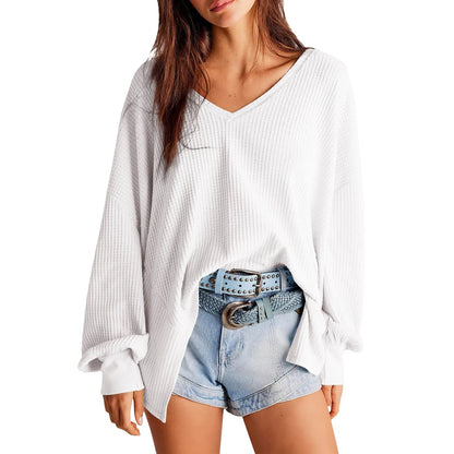 Pullover Blouses - Slouchy Waffle Textured Knit for Relaxed Days